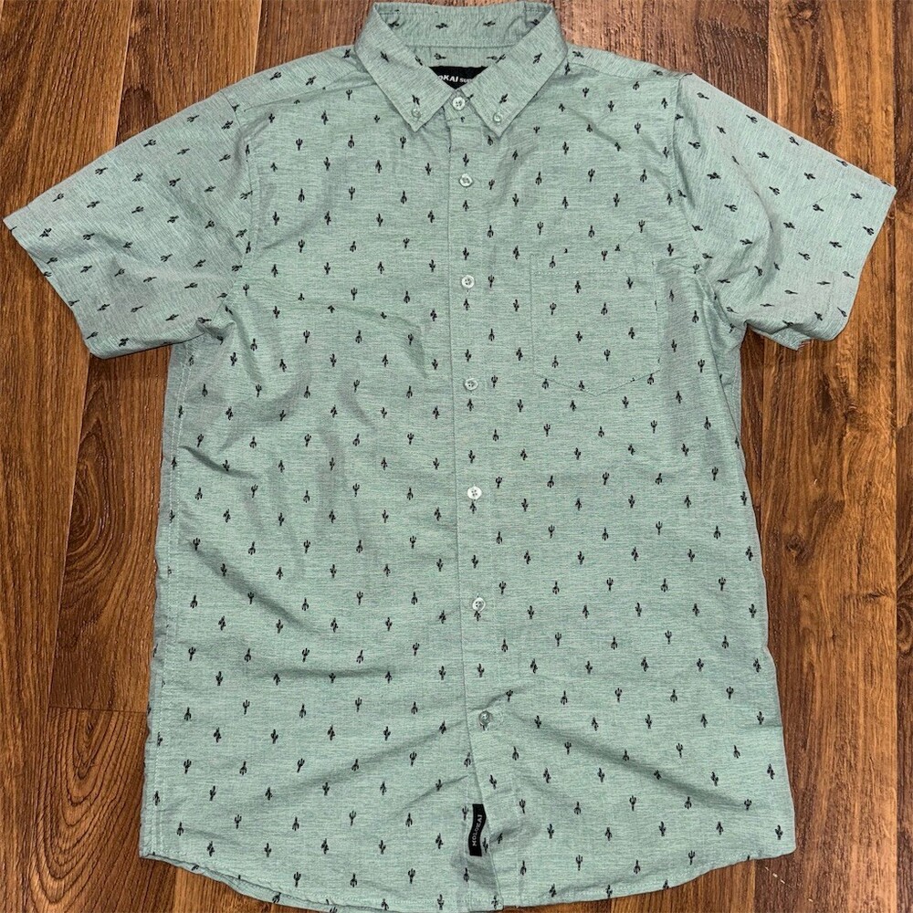 Molokai Surf Co Button-Up Shirt Mens M Green Heather Cactus Print Surf